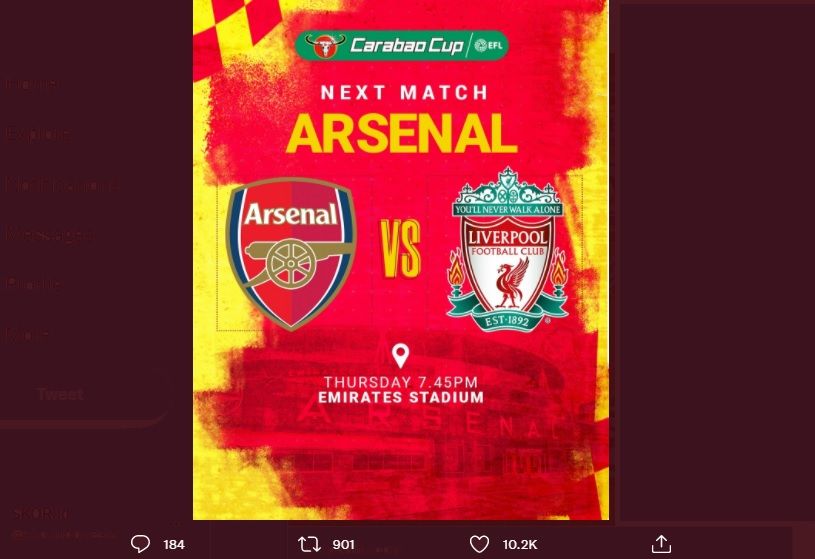 Leg Pertama Carabao Cup Arsenal vs Liverpool Resmi Ditunda