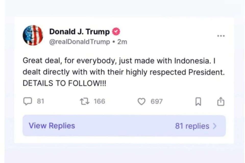 Donald Trump Umumkan Capai Kesepakatan dengan Presiden Prabowo 