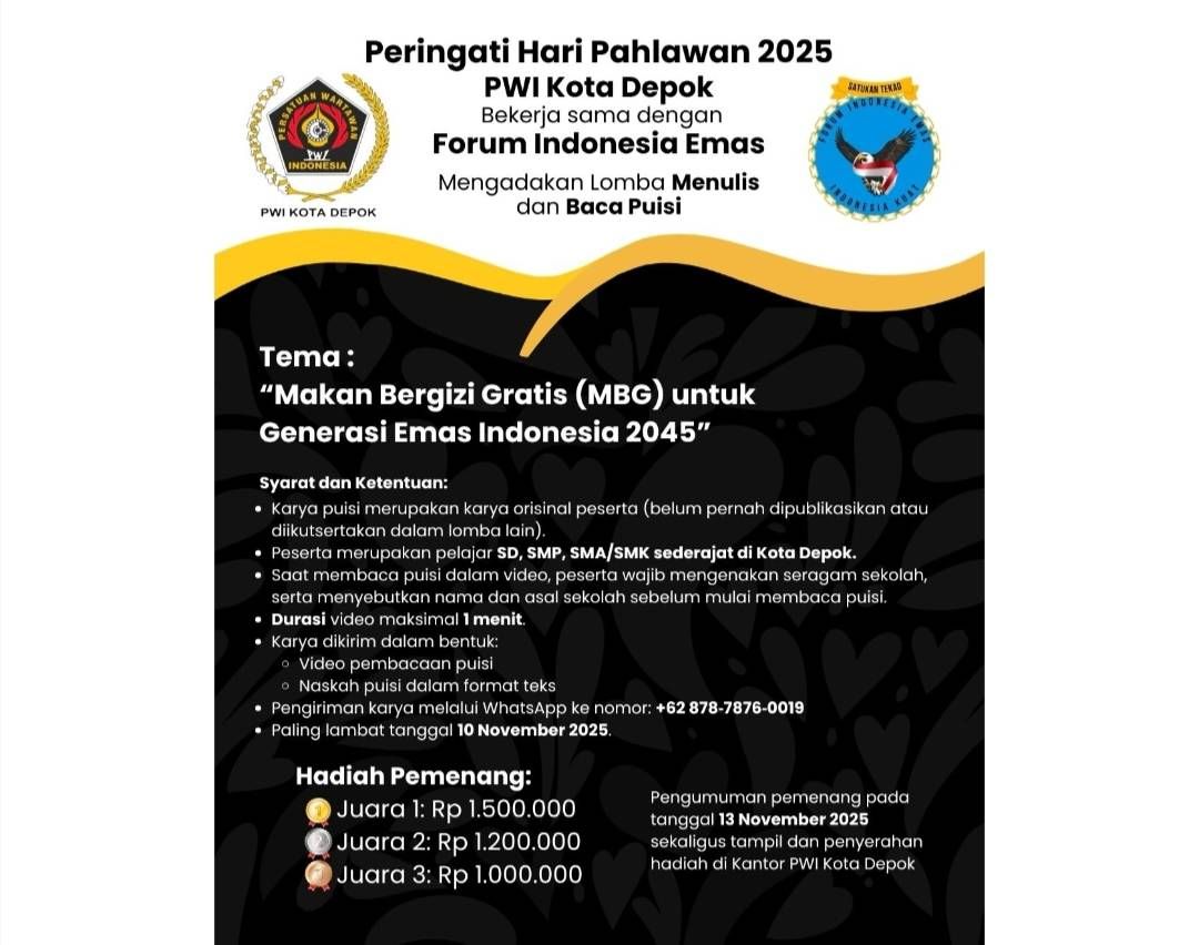 Peringati Hari Pahlawan dan Sukseskan MBG, PWI Depok Gelar Lomba Menulis dan Baca Puisi Pelajar 