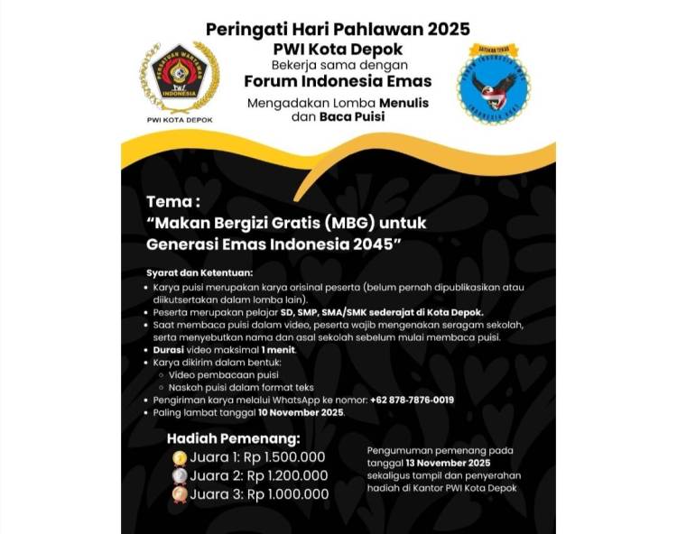 Peringati Hari Pahlawan dan Sukseskan MBG, PWI Depok Gelar Lomba Menulis dan Baca Puisi Pelajar 