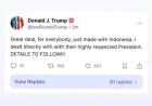 Donald Trump Umumkan Capai Kesepakatan dengan Presiden Prabowo 